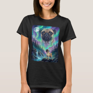 Camiseta Perro pug aullando aurora boreal luna bosque