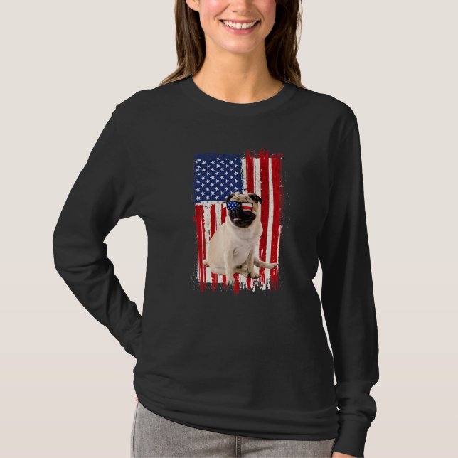 Camiseta Perro Pug Bandera Estadounidense Independencia Pat (Anverso)