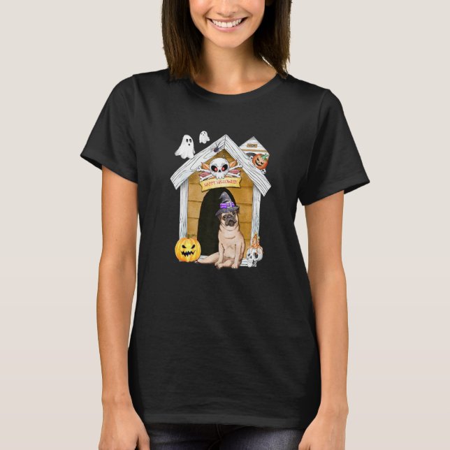 Camiseta Perro Pug Bruja Casa Embrujada Halloween (Anverso)