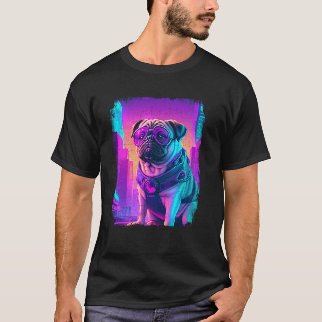 Camiseta Perro Pug Cyber Vaporwave 80's Synthwave Retrowave (Anverso)