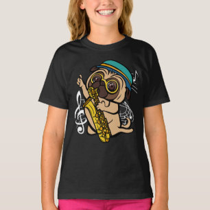 Camiseta Perro Pug Jugando Chica De Música Saxofoniana