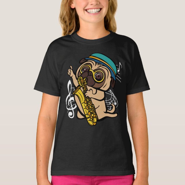 Camiseta Perro Pug Jugando Chica De Música Saxofoniana (Anverso)