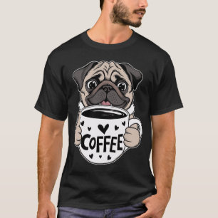 Camiseta Perro Pug lindo sosteniendo una taza de café, cora