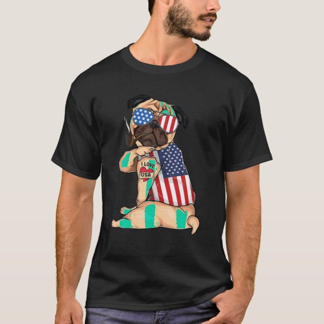 Camiseta Perro Pug Merica 4 de julio de la bandera estadoun (Anverso)
