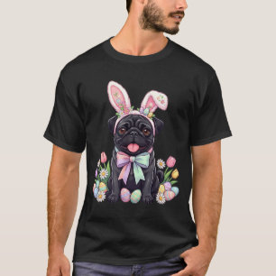 Camiseta Perro pug negro conejo de Pascua huevos floración