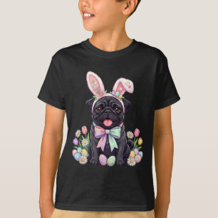 Camiseta Perro pug negro conejo de Pascua huevos lindo flor