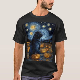 Camiseta Perro Pug negro de la noche estrellada de van gogh