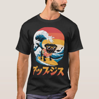 Camiseta Perro Pug Negro Divertido Ola Japonesa Kanagawa