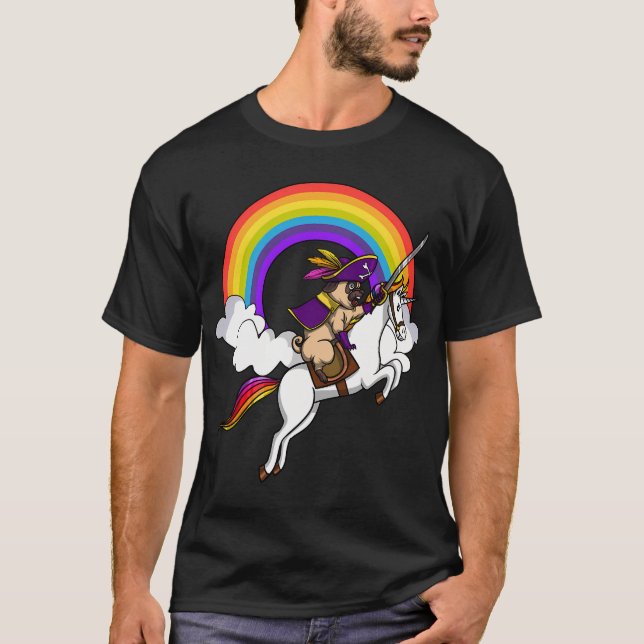 Camiseta Perro Pug Pirata Montando Unicornio (Anverso)