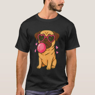 Camiseta Perro Pug Soplando Corazones de Chicle Rosa Chicas