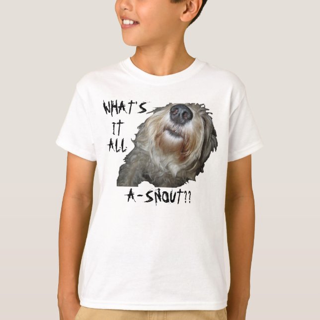 Camiseta Perro "¿QUÉ ES TODO A-SNOUT?" Kids Basic Tee (Anverso)