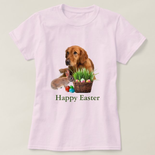 Camiseta Perro recuperador de oro de Pascua y rosa conejo (Diseño del anverso)