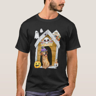Camiseta Perro Retriever Dorado De Halloween Bruja Casa Emb
