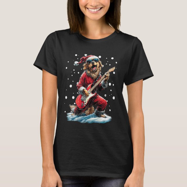 Camiseta Perro Retriever Dorado De Navidad Tocando Guitarra (Anverso)