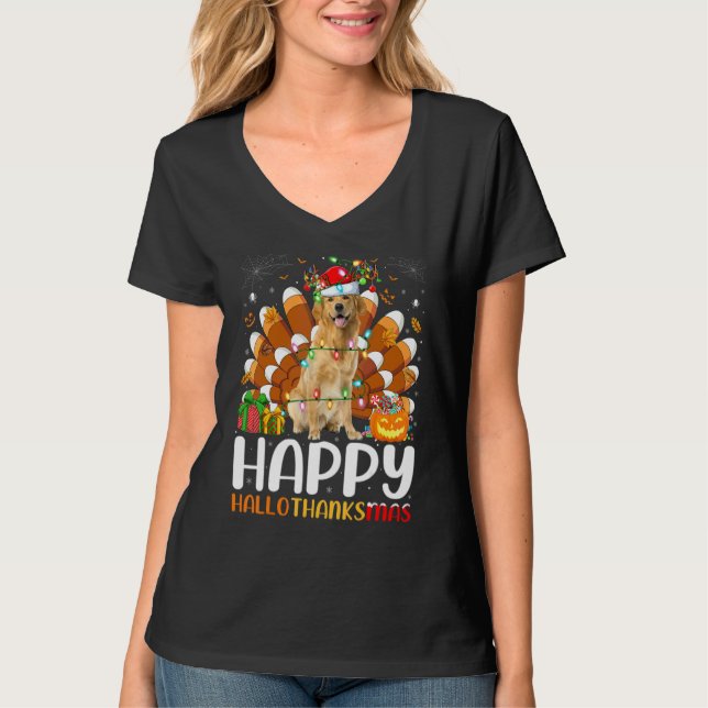 Camiseta Perro Retriever Dorado Halloween Navidad Hallothan (Anverso)