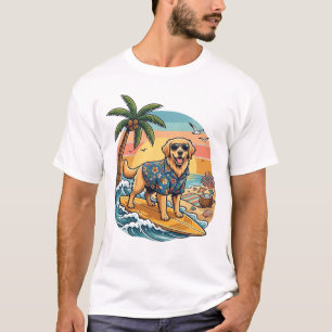 Camiseta Perro Retriever Dorado Surfing Surfboard Atardecer