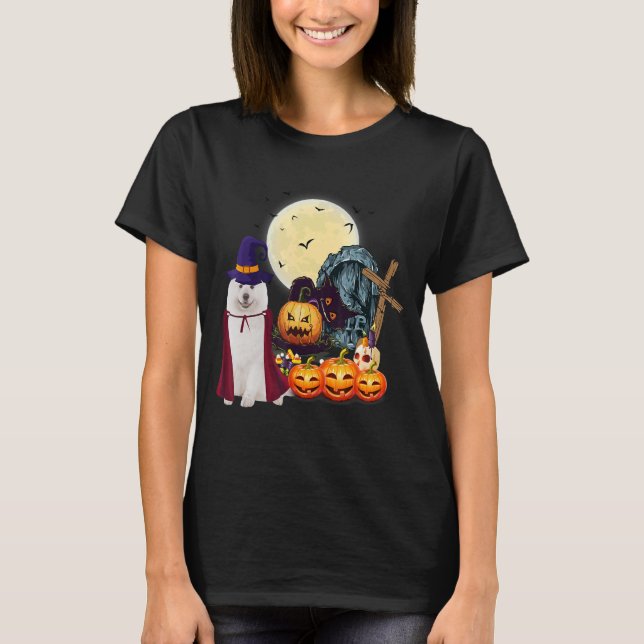 Camiseta Perro samoyano con calabaza de caramelo (Anverso)