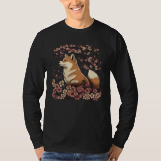 Camiseta Perro Shiba Inu Gráfico Japonés Flor de Cerezo Sak