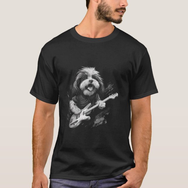 Camiseta Perro Shih Tzu divertido tocando guitarra rock lar (Anverso)