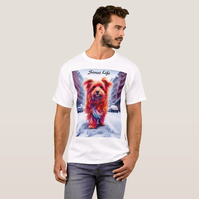 Camiseta Perro sin hogar en una velada urbana fría y nevada (Anverso completo)