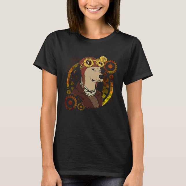 Camiseta Perro Steampunk Con Aviador Helmet Gears & Cogs (Anverso)