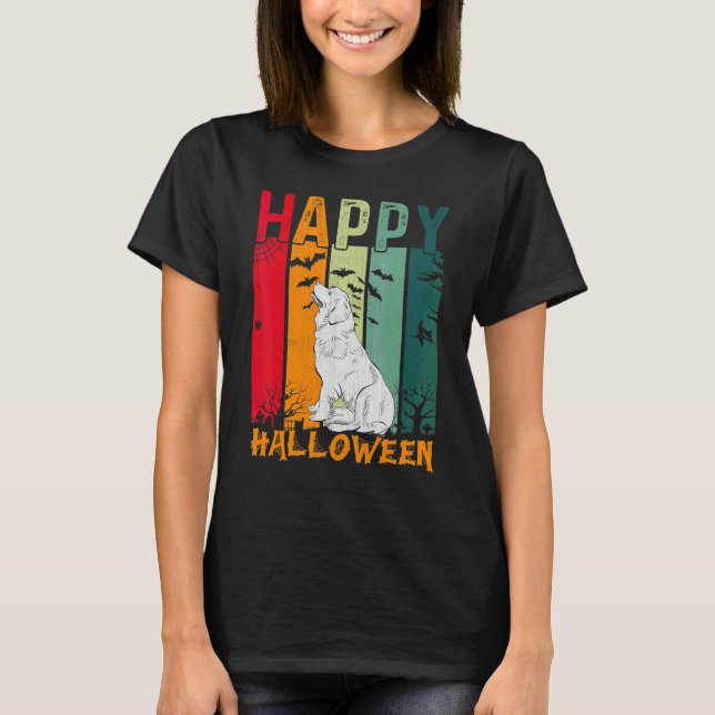 Camiseta Perro Terranova Estilo Retro Cena de Halloween (Anverso)
