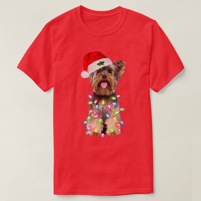 Camiseta Perro Terrier de Yorkshire Santa Christmas Tree Li (Diseño del anverso)