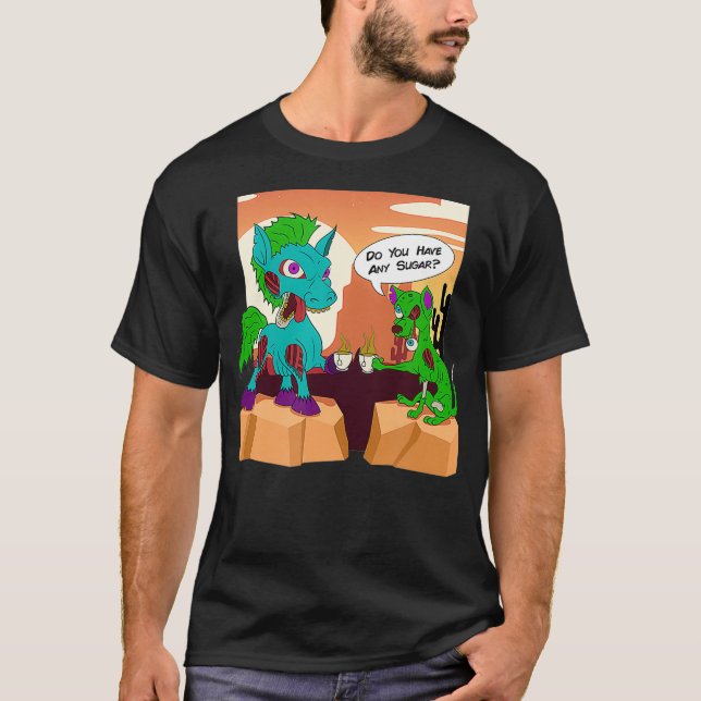 Camiseta Perro zombie con un caballo zombi tomando té en el (Anverso)