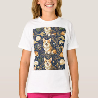 Camiseta Perros Corgi Elegantes Patrón de Damasco Dorado Az