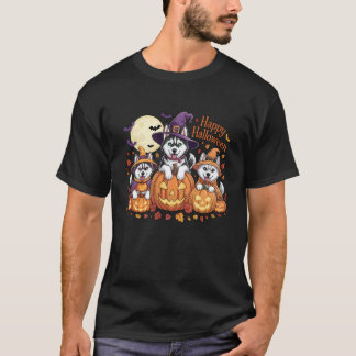 Camiseta Perros divertidos tres huskies siberianos calabaza