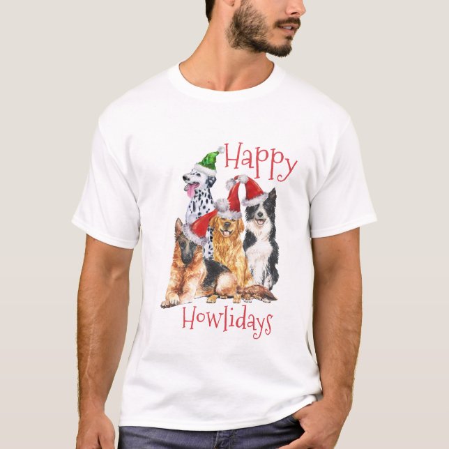 Camiseta Perros navidades con gorras Felices Howlidays (Anverso)