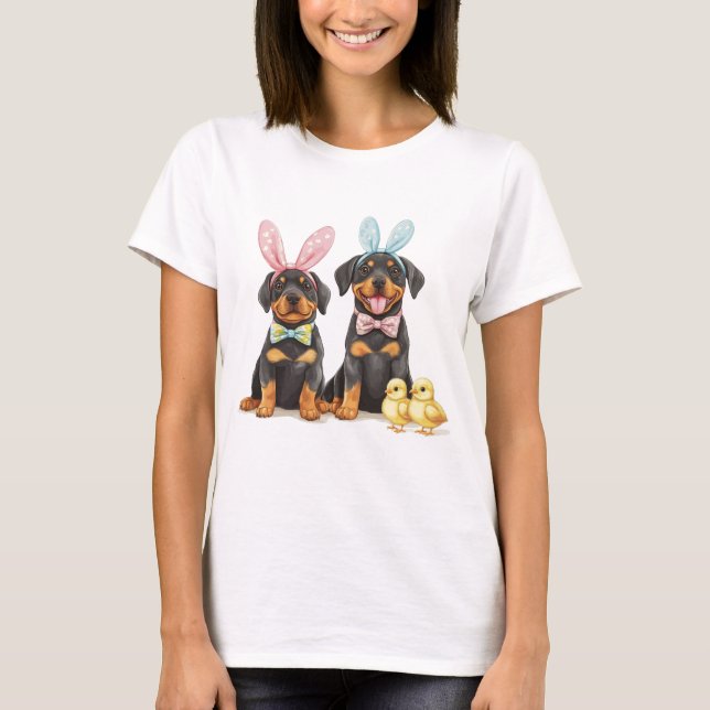 Camiseta Perros Rottweiler de Pascua con Orejas de Conejo (Anverso)