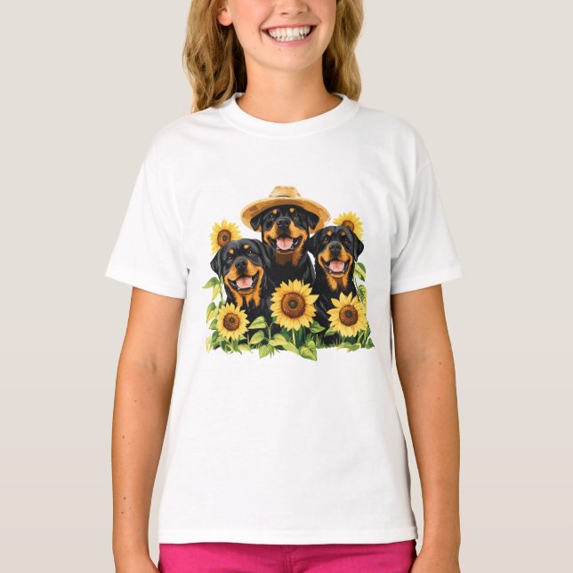 Camiseta Perros Rottweiler Rodeados De Sunflowers (Anverso)