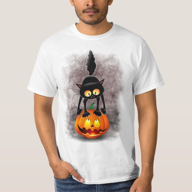 Camiseta Personaje de caricatura asustado por Cat Halloween (Anverso)