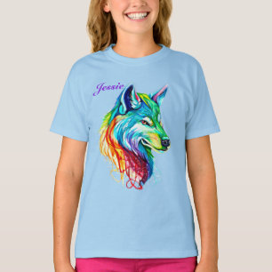 Camiseta Personaliza el nombre Colorful Wolf Chica Cotton