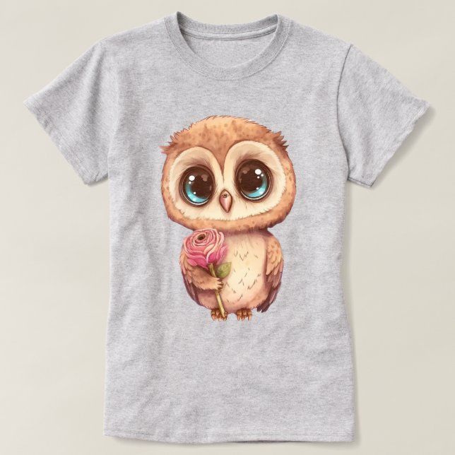 Camiseta Personalizado Adorable Owl Holding Rosa Rosa Rosa (Diseño del anverso)