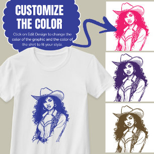 Camiseta Personalizado Color Cowgirl Line Drawing País Occi