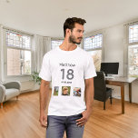 Camiseta personalizado de 18 años foto monograma niño<br><div class="desc">Por 18 años como regalo o para el fiesta. Un collage de 3 de tus fotos de amigos,  familia,  interés o mascotas. Personaliza y agrega su nombre,  edad 18 y fecha. Fecha de nacimiento o fecha de la fiesta de cumpleaños. Texto gris y negro.</div>