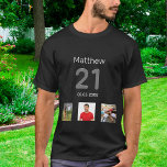 Camiseta personalizado de 21 años de edad monólogo fotográf<br><div class="desc">Para un cumpleaños 21 como regalo o para el fiesta. Un collage de 3 de tus fotos de amigos,  familia,  interés o mascotas. Personaliza y agrega su nombre,  edad 21 y fecha. Fecha de nacimiento o fecha de la fiesta de cumpleaños. Texto de color gris y blanco.</div>