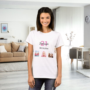 Camiseta personalizado de 21 años foto mujer monograma rosa