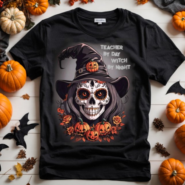 Camiseta Personalizado de brujas de cráneo de azúcar de Hal (Halloween sugar skull witch with hat and pumpkins.)