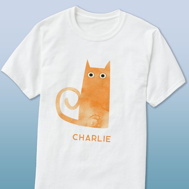 Camiseta Personalizado de gato naranja (Watercolor orange ginger cat personalized name t-shirt)