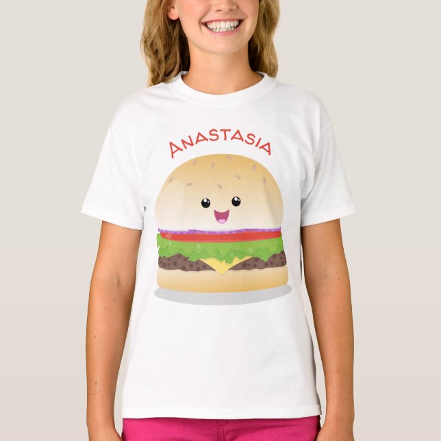 Camiseta Personalizado de hamburguesa kawaii feliz (Anverso)