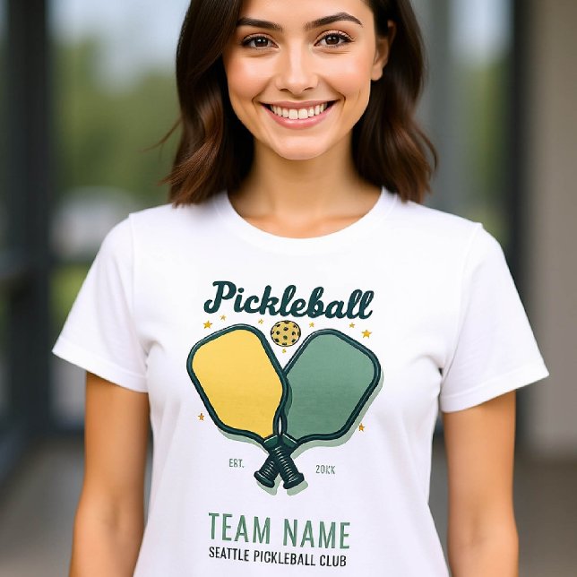 Camiseta Personalizado del equipo del club de jugadores de  (pickleball personalized shirt emblem club team player vintage custom text name green yellow retro)
