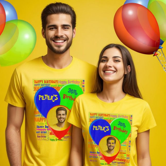 Camiseta Personalizado diversión foto y nombre feliz fiesta (Happy birthday t-shirt with balloons, custom text and photo to celebrate a memorable birthday party.)