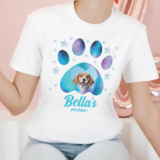 Camiseta Personalizado Dog Mom Paw Foto Purpurina Azul (Subido por el creador)