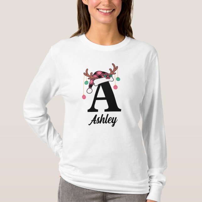 Camiseta Personalizado Monograma Familia Navidad Santa Hat (Anverso)