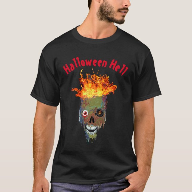 Camiseta Personalizado Scary Halloween Hell Flame Skull Gra (Anverso)