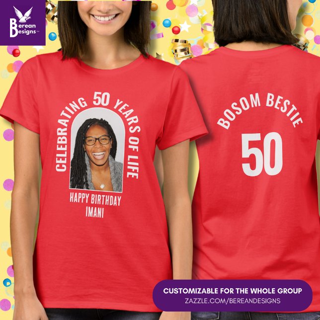 Camiseta Personalizado sindical familiar coincide con foto  (Front & back GROUP MILESTONE 50th BIRTHDAY T-shirt w/ customizable photo and text. Ideal for groups)
