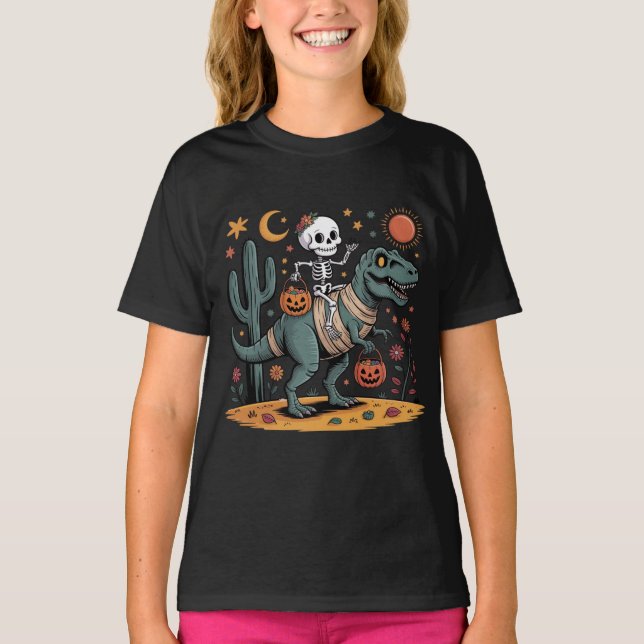 Camiseta Personalizado Skeleton y T-Rex con cubos de carame (Anverso)